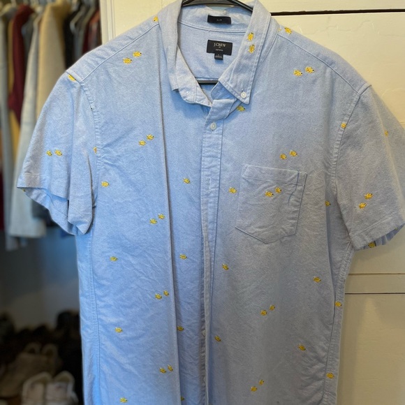 J. Crew large short sleeve button down blue shirt with fish
